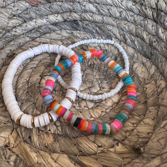 Stacked Colorful Beaded White and Gold Bracelets- Set of 3 - Picture 3 of 3